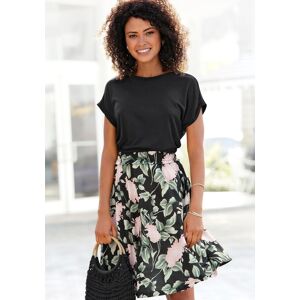 Jerseykleid BUFFALO, Damen, Gr. 44, N-Gr, bunt (schwarz, rosa, bedruckt), Jersey, Obermaterial: 100% Viskose, bedruckt, unifarben, figurumspielend kniefrei, Rundhals, Aufschlag, Kleider Jerseykleid, mit Rüsche in der Taille und bedrucktem Rock, kurzes Som Jerseykleid BUFFALO, Damen, Gr. 44, N-Gr, bunt (schwarz, rosa, bedruckt), Jersey, Obermaterial: 100% Viskose, bedruckt, unifarben, figurumspielend kniefrei, Rundhals, Aufschlag, Kleider Jerseykleid, mit Rüsche in der Taille und bedrucktem Rock, kurzes Som