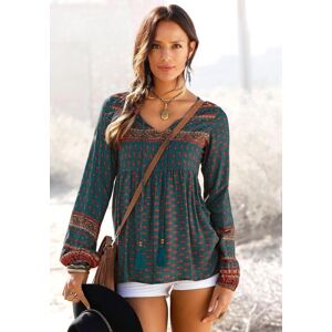 Schlupfbluse BUFFALO, Damen, Gr. 36, blau (petrol, bedruckt), Web, Obermaterial: 100% Viskose, bedruckt, figurumspielend hüftlang, V-Ausschnitt, mit Gummizug, Blusen Schlupfbluse, mit Ethnodruck und Zierperlen, Boho-Style, Langarmbluse Schlupfbluse BUFFALO, Damen, Gr. 36, blau (petrol, bedruckt), Web, Obermaterial: 100% Viskose, bedruckt, figurumspielend hüftlang, V-Ausschnitt, mit Gummizug, Blusen Schlupfbluse, mit Ethnodruck und Zierperlen, Boho-Style, Langarmbluse