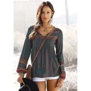 Schlupfbluse BUFFALO, Damen, Gr. 44, blau (petrol, bedruckt), Web, Obermaterial: 100% Viskose, bedruckt, figurumspielend hüftlang, V-Ausschnitt, mit Gummizug, Blusen Schlupfbluse, mit Ethnodruck und Zierperlen, Boho-Style, Langarmbluse Schlupfbluse BUFFALO, Damen, Gr. 44, blau (petrol, bedruckt), Web, Obermaterial: 100% Viskose, bedruckt, figurumspielend hüftlang, V-Ausschnitt, mit Gummizug, Blusen Schlupfbluse, mit Ethnodruck und Zierperlen, Boho-Style, Langarmbluse