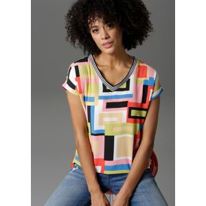 T-Shirt ANISTON CASUAL, Damen, Gr. 46, bunt (schwarz, weiß, rosa, rot, blau, neongrün), Crêpe, Obermaterial: 97% Polyester, 3% Elasthan. Rückenteil: 95% Viskose, 5% Elasthan, gemustert, gestreift, figurumspielend hüftbedeckend, V-Ausschnitt, Umschlagbund, T-Shirt ANISTON CASUAL, Damen, Gr. 46, bunt (schwarz, weiß, rosa, rot, blau, neongrün), Crêpe, Obermaterial: 97% Polyester, 3% Elasthan. Rückenteil: 95% Viskose, 5% Elasthan, gemustert, gestreift, figurumspielend hüftbedeckend, V-Ausschnitt, Umschlagbund,