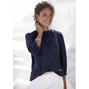 Schlupfbluse LASCANA, Damen, Gr. 38, blau (marine), Web, Obermaterial: 100% Viskose, unifarben, figurumspielend hüftlang, hoch geschlossener Ausschnitt, 1-Knopf-Manschette, Blusen Schlupfbluse, mit Lochstickerei und dezenten Rüschen, 3/4-ärmelige Damenblu Schlupfbluse LASCANA, Damen, Gr. 38, blau (marine), Web, Obermaterial: 100% Viskose, unifarben, figurumspielend hüftlang, hoch geschlossener Ausschnitt, 1-Knopf-Manschette, Blusen Schlupfbluse, mit Lochstickerei und dezenten Rüschen, 3/4-ärmelige Damenblu