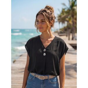 Schlupfbluse LASCANA, Damen, Gr. 44, schwarz, Web, Obermaterial: 100% Viskose, unifarben, figurumspielend hüftlang, V-Ausschnitt, Blusen Schlupfbluse, mit modischen Knöpfen, luftige Kurzarmbluse, sommerlich Schlupfbluse LASCANA, Damen, Gr. 44, schwarz, Web, Obermaterial: 100% Viskose, unifarben, figurumspielend hüftlang, V-Ausschnitt, Blusen Schlupfbluse, mit modischen Knöpfen, luftige Kurzarmbluse, sommerlich