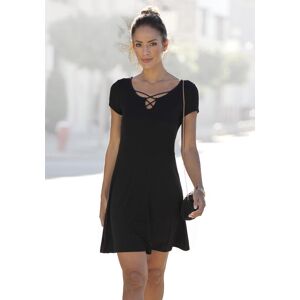 Sommerkleid LASCANA "mit Zierbändern am Ausschnitt, Kurzarmkleid", Damen, Gr. 42, N-Gr, schwarz, Jersey, Obermaterial: 95% Viskose, 5% Elasthan, unifarben, figurumspielend ca. Mitte Oberschenkel, V-Ausschnitt, Kleider Sommerkleid, Minikleid mit Stretch, S Sommerkleid LASCANA "mit Zierbändern am Ausschnitt, Kurzarmkleid", Damen, Gr. 42, N-Gr, schwarz, Jersey, Obermaterial: 95% Viskose, 5% Elasthan, unifarben, figurumspielend ca. Mitte Oberschenkel, V-Ausschnitt, Kleider Sommerkleid, Minikleid mit Stretch, S