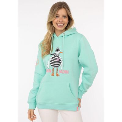 Hoodie ZWILLINGSHERZ "Moin Moin Möwe", Damen, Gr. SM (S/M), grün (mint), Sweatware, Obermaterial: 50% Baumwolle, 50% Polyester, unifarben mit Farbeinsatz, comfort fit hüftlang, ohne Ausschnitt, angesetztes Bündchen, Sweatshirts Hoodie, mit nordischem Grus Hoodie ZWILLINGSHERZ "Moin Moin Möwe", Damen, Gr. SM (S/M), grün (mint), Sweatware, Obermaterial: 50% Baumwolle, 50% Polyester, unifarben mit Farbeinsatz, comfort fit hüftlang, ohne Ausschnitt, angesetztes Bündchen, Sweatshirts Hoodie, mit nordischem Grus