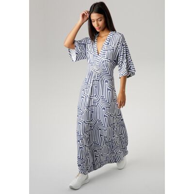 Sommerkleid ANISTON SELECTED, Damen, Gr. 36, N-Gr, blau (jeansblau, weiß), Single Jersey, Obermaterial: 95% Viskose, 5% Elasthan, bedruckt, gemustert, lässig geschnitten lang, V-Ausschnitt, weit, Kleider Sommerkleid, mit grafischem Druck in Jeansfarbe Sommerkleid ANISTON SELECTED, Damen, Gr. 36, N-Gr, blau (jeansblau, weiß), Single Jersey, Obermaterial: 95% Viskose, 5% Elasthan, bedruckt, gemustert, lässig geschnitten lang, V-Ausschnitt, weit, Kleider Sommerkleid, mit grafischem Druck in Jeansfarbe
