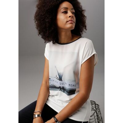 Blusenshirt ANISTON SELECTED, Damen, Gr. 38, weiss (weiß, hellblau, dunkelblau), Crêpe, Obermaterial: 97% Polyester, 3% Elasthan. Rücken: 95% Viskose, 5% Elasthan, bedruckt, figurumspielend hüftbedeckend, Rundhals, Shirts Blusenshirt, im Materialmix Blusenshirt ANISTON SELECTED, Damen, Gr. 38, weiss (weiß, hellblau, dunkelblau), Crêpe, Obermaterial: 97% Polyester, 3% Elasthan. Rücken: 95% Viskose, 5% Elasthan, bedruckt, figurumspielend hüftbedeckend, Rundhals, Shirts Blusenshirt, im Materialmix