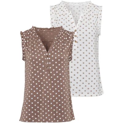 Rüschentop LASCANA "mit kurzer Knopfleiste", Damen, Gr. 40/42, braun (weiß, gepunktet, taupe, gepunktet), Obermaterial: 65% Polyester (REPREVE), 35% Viskose, gepunktet, figurumspielend, V-Ausschnitt, Tops Rüschentop, aus pflegeleichter Qualität Rüschentop LASCANA "mit kurzer Knopfleiste", Damen, Gr. 40/42, braun (weiß, gepunktet, taupe, gepunktet), Obermaterial: 65% Polyester (REPREVE), 35% Viskose, gepunktet, figurumspielend, V-Ausschnitt, Tops Rüschentop, aus pflegeleichter Qualität