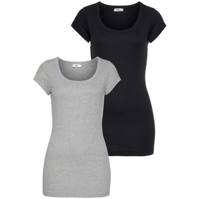 T-Shirt FLASHLIGHTS, Damen, Gr. 52/54 (XXL), grau (grau, meliert, schwarz), Feinripp, Obermaterial: 100% Baumwolle. Obermaterial Melange: 90% Baumwolle, 10% Viskose, meliert, unifarben, Basic, sehr figurbetont Po-bedeckend, Rundhals, Shirts T-Shirt, figur T-Shirt FLASHLIGHTS, Damen, Gr. 52/54 (XXL), grau (grau, meliert, schwarz), Feinripp, Obermaterial: 100% Baumwolle. Obermaterial Melange: 90% Baumwolle, 10% Viskose, meliert, unifarben, Basic, sehr figurbetont Po-bedeckend, Rundhals, Shirts T-Shirt, figur