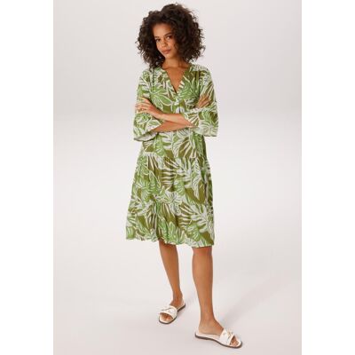 Tunikakleid ANISTON CASUAL, Damen, Gr. 42, N-Gr, wollweiß, apfelgrün, khaki, Web, Obermaterial: 100% Viskose, bedruckt, lässig geschnitten knieumspielend, V-Ausschnitt, Volant, Kleider Tunikakleid, mit grossflächigen, tropischen Blättern bedruckt Tunikakleid ANISTON CASUAL, Damen, Gr. 42, N-Gr, wollweiß, apfelgrün, khaki, Web, Obermaterial: 100% Viskose, bedruckt, lässig geschnitten knieumspielend, V-Ausschnitt, Volant, Kleider Tunikakleid, mit grossflächigen, tropischen Blättern bedruckt