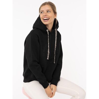 Hoodie ZWILLINGSHERZ "Nelina", Damen, Gr. L, schwarz, Sweatware;Feinripp;Feinstrick, Obermaterial: 50% Baumwolle, 50% Polyester, bedruckt, unifarben, hüftbedeckend, ohne Ausschnitt, Rippbündchen mit Daumenlöchern, Sweatshirts Hoodie, mit Leo Band und schl Hoodie ZWILLINGSHERZ "Nelina", Damen, Gr. L, schwarz, Sweatware;Feinripp;Feinstrick, Obermaterial: 50% Baumwolle, 50% Polyester, bedruckt, unifarben, hüftbedeckend, ohne Ausschnitt, Rippbündchen mit Daumenlöchern, Sweatshirts Hoodie, mit Leo Band und schl