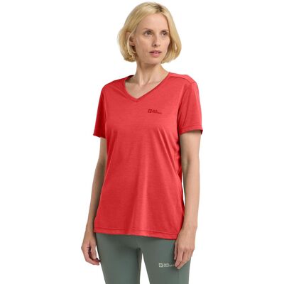 T-Shirt JACK WOLFSKIN "0", Damen, Gr. XS, rot (vibrant, rot), Obermaterial: 100% Polyester, normal, V-Ausschnitt, Shirts T-Shirt T-Shirt JACK WOLFSKIN "0", Damen, Gr. XS, rot (vibrant, rot), Obermaterial: 100% Polyester, normal, V-Ausschnitt, Shirts T-Shirt