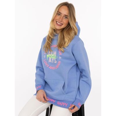Hoodie ZWILLINGSHERZ "Always Positive", Damen, Gr. L/XL, mittelblau, Sweatware, Obermaterial: 50% Baumwolle, 50% Polyester, normal normal, ohne Ausschnitt, angesetztes Bündchen, Sweatshirts Hoodie, Kapuze, Stickerei, Fronttasche, Bündchen-Schriftzug, Lang Hoodie ZWILLINGSHERZ "Always Positive", Damen, Gr. L/XL, mittelblau, Sweatware, Obermaterial: 50% Baumwolle, 50% Polyester, normal normal, ohne Ausschnitt, angesetztes Bündchen, Sweatshirts Hoodie, Kapuze, Stickerei, Fronttasche, Bündchen-Schriftzug, Lang