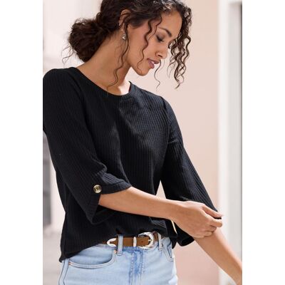 3/4-Arm-Shirt LASCANA "mit Knopfdetail", Damen, Gr. 48/50, schwarz, Piqué, Obermaterial: 69% Polyester (REPREVE), 28% Viskose, 3% Elasthan, Waffelmuster, unifarben, bequem normal, Rundhals, mit Knöpfen, Shirts 3/4-Arm-Shirt, aus weicher Piqué-Qualität 3/4-Arm-Shirt LASCANA "mit Knopfdetail", Damen, Gr. 48/50, schwarz, Piqué, Obermaterial: 69% Polyester (REPREVE), 28% Viskose, 3% Elasthan, Waffelmuster, unifarben, bequem normal, Rundhals, mit Knöpfen, Shirts 3/4-Arm-Shirt, aus weicher Piqué-Qualität