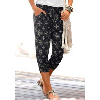 Strandcapri LASCANA "aus luftig-leichter Viskose mit Raffung am Bein", Damen, Gr. 46, N-Gr, schwarz (schwarz, beige), Jersey, Obermaterial: 100% Viskose, bedruckt, figurumspielend 3/4-Länge, Hosen Strandcapri, mit Alloverdruck und Taschen, 3/4-Hose, lufti Strandcapri LASCANA "aus luftig-leichter Viskose mit Raffung am Bein", Damen, Gr. 46, N-Gr, schwarz (schwarz, beige), Jersey, Obermaterial: 100% Viskose, bedruckt, figurumspielend 3/4-Länge, Hosen Strandcapri, mit Alloverdruck und Taschen, 3/4-Hose, lufti