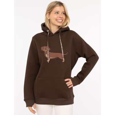 Hoodie ZWILLINGSHERZ "Dackel", Damen, Gr. L/XL, braun (dunkelbraun), Sweatware, Obermaterial: 50% Baumwolle, 50% Polyester, unifarben, comfort fit hüftbedeckend, ohne Ausschnitt, angesetztes Bündchen, Sweatshirts Hoodie, Stickerei vorne, weiche Fleece Inn Hoodie ZWILLINGSHERZ "Dackel", Damen, Gr. L/XL, braun (dunkelbraun), Sweatware, Obermaterial: 50% Baumwolle, 50% Polyester, unifarben, comfort fit hüftbedeckend, ohne Ausschnitt, angesetztes Bündchen, Sweatshirts Hoodie, Stickerei vorne, weiche Fleece Inn