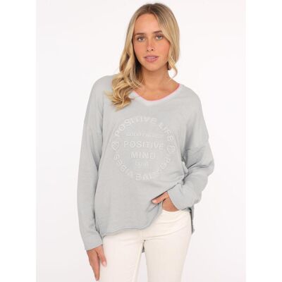 Sweatshirt ZWILLINGSHERZ "„Positive Mind Neon Kante”", Damen, Gr. L/XL (L/XL), grau, angeraute Sweatware, Obermaterial: 70% Baumwolle, 30% Polyester, unifarben mit Farbeinsatz, normal hüftlang, V-Ausschnitt, Sweatshirts Sweatshirt, mit Kontrastnaht, V-Nec Sweatshirt ZWILLINGSHERZ "„Positive Mind Neon Kante”", Damen, Gr. L/XL (L/XL), grau, angeraute Sweatware, Obermaterial: 70% Baumwolle, 30% Polyester, unifarben mit Farbeinsatz, normal hüftlang, V-Ausschnitt, Sweatshirts Sweatshirt, mit Kontrastnaht, V-Nec
