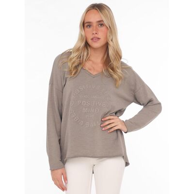 Sweatshirt ZWILLINGSHERZ "Positive Mind", Damen, Gr. L/XL (L/XL), grau (taupe), Sweatware, Obermaterial: 70% Baumwolle, 30% Polyester, unifarben, used, lässig geschnitten Po-bedeckend, V-Ausschnitt, Sweatshirts Sweatshirt, ausgefranster V-Ausschnitt, Used Sweatshirt ZWILLINGSHERZ "Positive Mind", Damen, Gr. L/XL (L/XL), grau (taupe), Sweatware, Obermaterial: 70% Baumwolle, 30% Polyester, unifarben, used, lässig geschnitten Po-bedeckend, V-Ausschnitt, Sweatshirts Sweatshirt, ausgefranster V-Ausschnitt, Used
