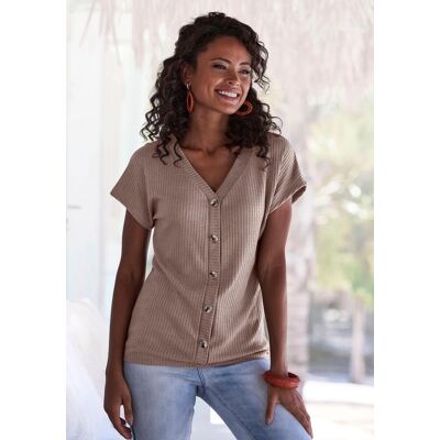 Kurzarmshirt LASCANA "mit Zierknopfleiste", Damen, Gr. 48/50, grau (taupe), Piqué, Obermaterial: 69% Polyester (REPREVE), 28% Viskose, 3% Elasthan, unifarben, bequem normal, V-Ausschnitt, Shirts Kurzarmshirt, Sommershirt aus luftiger Piqué-Qualität Kurzarmshirt LASCANA "mit Zierknopfleiste", Damen, Gr. 48/50, grau (taupe), Piqué, Obermaterial: 69% Polyester (REPREVE), 28% Viskose, 3% Elasthan, unifarben, bequem normal, V-Ausschnitt, Shirts Kurzarmshirt, Sommershirt aus luftiger Piqué-Qualität