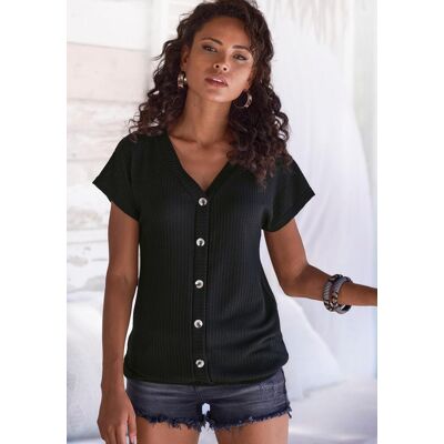 Kurzarmshirt LASCANA "mit Zierknopfleiste", Damen, Gr. 48/50, schwarz, Piqué, Obermaterial: 69% Polyester (REPREVE), 28% Viskose, 3% Elasthan, unifarben, bequem normal, V-Ausschnitt, Shirts Kurzarmshirt, Sommershirt aus luftiger Piqué-Qualität Kurzarmshirt LASCANA "mit Zierknopfleiste", Damen, Gr. 48/50, schwarz, Piqué, Obermaterial: 69% Polyester (REPREVE), 28% Viskose, 3% Elasthan, unifarben, bequem normal, V-Ausschnitt, Shirts Kurzarmshirt, Sommershirt aus luftiger Piqué-Qualität