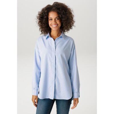 Hemdbluse ANISTON CASUAL, Damen, Gr. 40, jeansblau, weiß, silberfarben, Web, Obermaterial: 75% Polyester, 25% Baumwolle, Glitzermuster, gestreift, lässig geschnitten Po-bedeckend, 1-Knopf-Manschette, Blusen Hemdbluse, gestreift und mit Glitzersteinchen ve Hemdbluse ANISTON CASUAL, Damen, Gr. 40, jeansblau, weiß, silberfarben, Web, Obermaterial: 75% Polyester, 25% Baumwolle, Glitzermuster, gestreift, lässig geschnitten Po-bedeckend, 1-Knopf-Manschette, Blusen Hemdbluse, gestreift und mit Glitzersteinchen ve