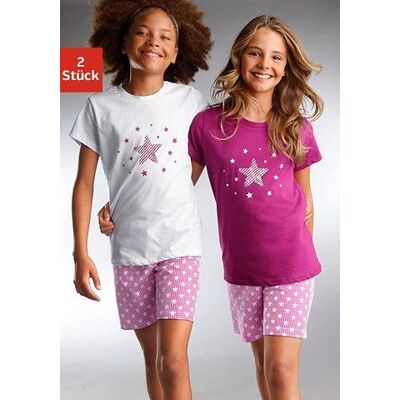 Pyjama PETITE FLEUR, Mädchen, Gr. 146/152, lila (weiß, beere), Jersey, Obermaterial: 100% Baumwolle, bedruckt, Basic, lässig geschnitten kurz, Rundhals, abgesteppte Kante, Homewear-Sets Pyjama, modischer Sternendruck auf den Shirts und Hosen Pyjama PETITE FLEUR, Mädchen, Gr. 146/152, lila (weiß, beere), Jersey, Obermaterial: 100% Baumwolle, bedruckt, Basic, lässig geschnitten kurz, Rundhals, abgesteppte Kante, Homewear-Sets Pyjama, modischer Sternendruck auf den Shirts und Hosen