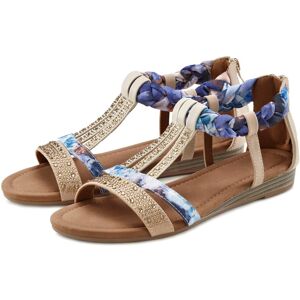 Sandale LASCANA "Sommerschuh, Sandalette, offener Schuh", Damen, Gr. 38, blau (beige, blau), Obermaterial: 50% Lederimitat, 50% Textilmaterial. Decksohle: 100% Lederimitat. Futter: 100% Lederimitat. Laufsohle: 100% Synthetik, bedruckt, Basic, Schuhe Sanda Sandale LASCANA "Sommerschuh, Sandalette, offener Schuh", Damen, Gr. 38, blau (beige, blau), Obermaterial: 50% Lederimitat, 50% Textilmaterial. Decksohle: 100% Lederimitat. Futter: 100% Lederimitat. Laufsohle: 100% Synthetik, bedruckt, Basic, Schuhe Sanda