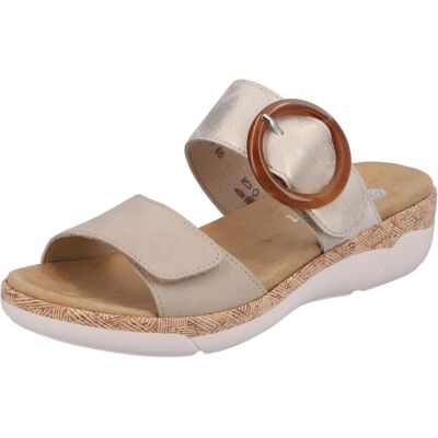 Pantolette REMONTE, Damen, Gr. 38, beige (hellbeige, goldfarben), Lederimitat, metallic, Schuhe Pantolette, Keilabsatz, Sommerschuh, Schlupfschuh mit Wechselfussbett Pantolette REMONTE, Damen, Gr. 38, beige (hellbeige, goldfarben), Lederimitat, metallic, Schuhe Pantolette, Keilabsatz, Sommerschuh, Schlupfschuh mit Wechselfussbett