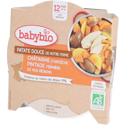 Babybio® Süßkartoffel, Kastanie aus der Ardèche, Perlhuhn aus Freilandhaltung 230 g Babybio® Süßkartoffel, Kastanie aus der Ardèche, Perlhuhn aus Freilandhaltung 230 g