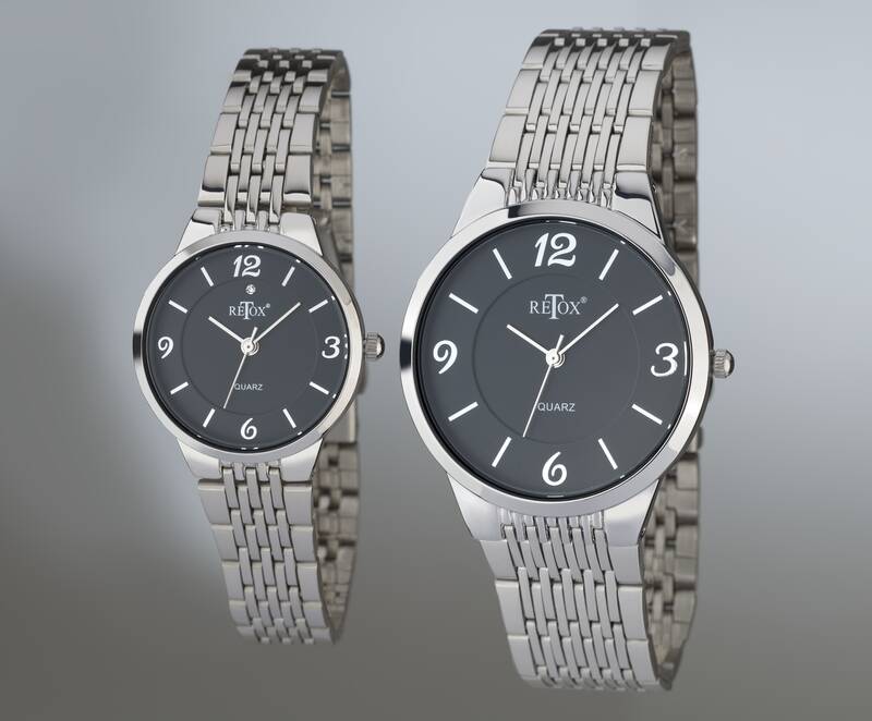 Retox Damen und Herren Uhren Set, schwarzes Zifferblatt und Swarowski Kristall auf der Damenuhr
