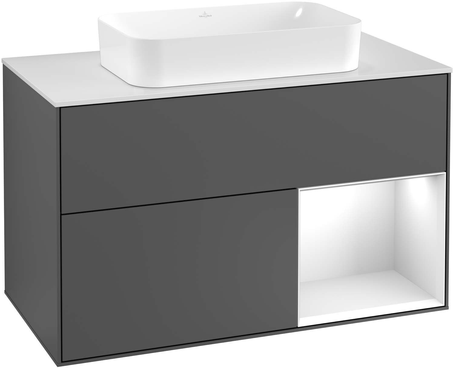 Villeroy und Boch Finion Waschtischunterschrank F252HGMT 100x60,3cm, Abdeckplatte black matt, Regal rechts Midnight Blue Matt Lacquer, White matt lacquer