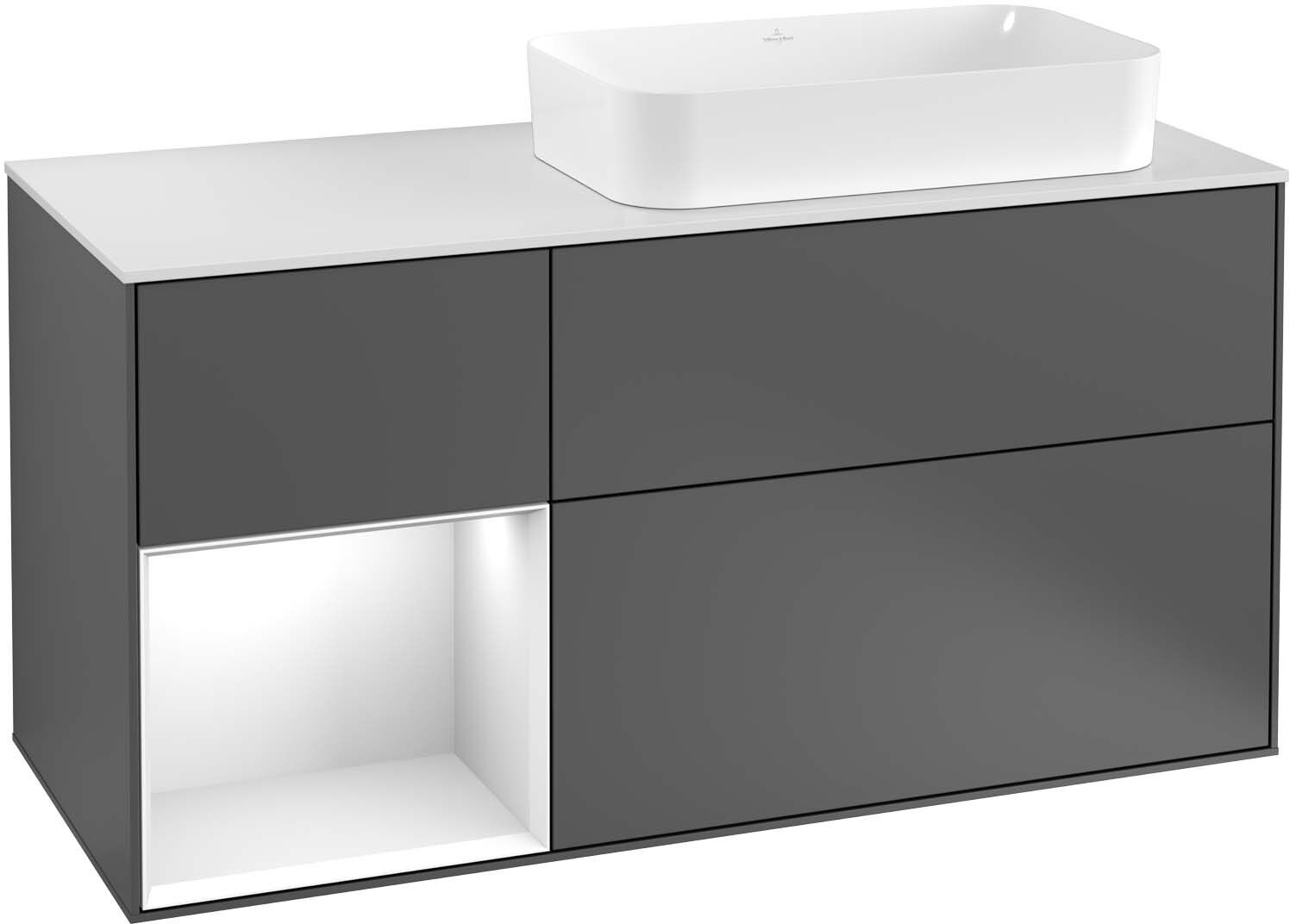 Villeroy und Boch Finion Waschtischunterschrank G272MTGF 120cm, Abdeckplatte black matt, Emotion, Regal links White matt lacquer, Glossy white lacquer