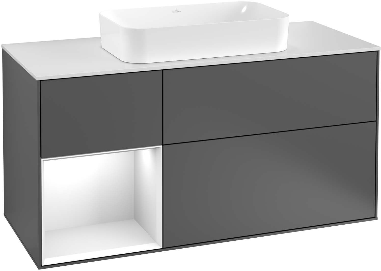 Villeroy und Boch Finion Waschtischunterschrank F292GFHH 120cm, Abdeckplatte black matt, Regal links Glossy white lacquer, Sand Matt Lacquer