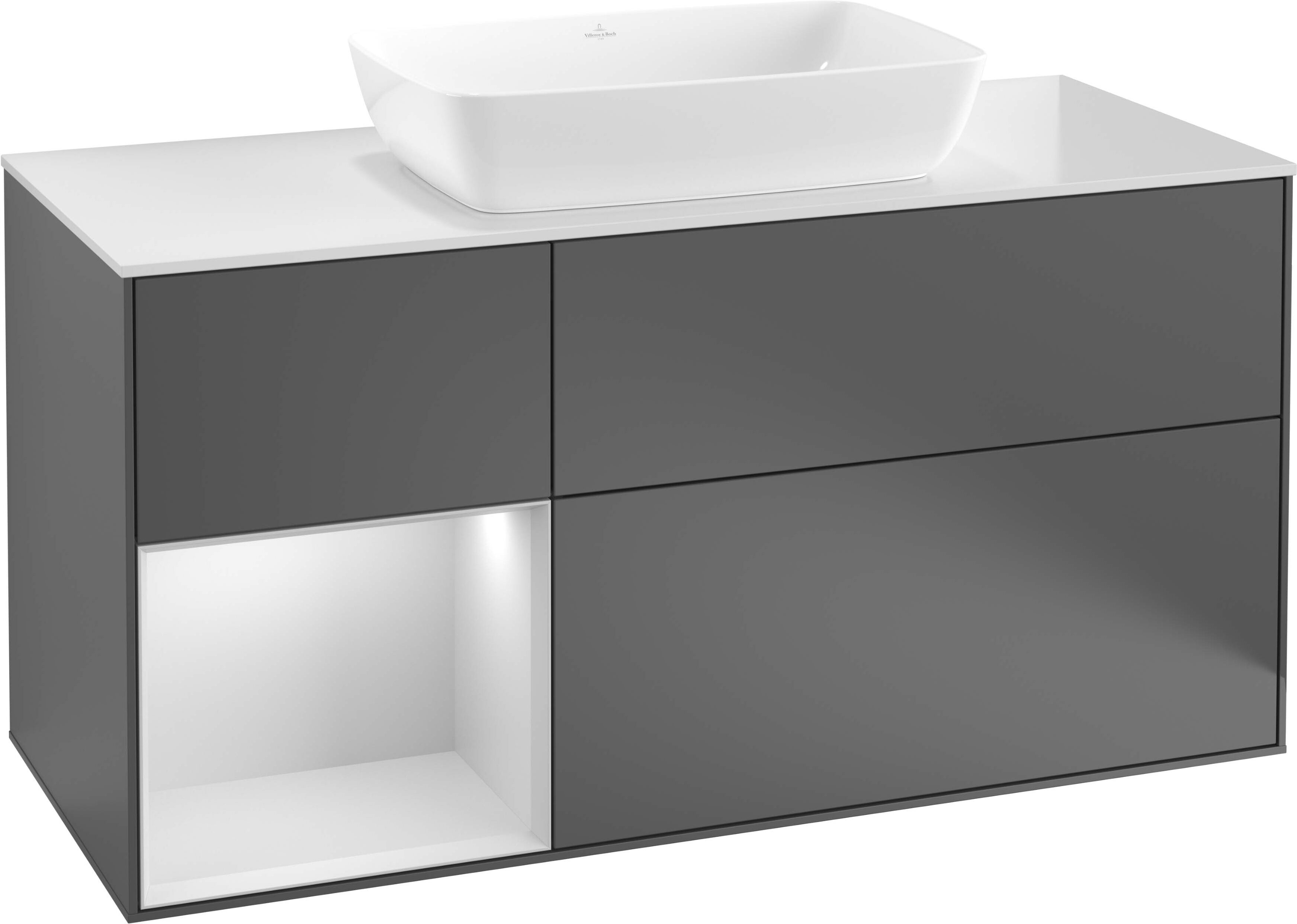 Villeroy und Boch Finion Waschtischunterschrank G822GFHG 120cm, Abdeckplatte black matt, Emotion, Regale Glossy white lacquer, Midnight Blue Matt Lacquer