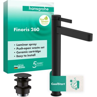 Hansgrohe Finoris Einhebel-Waschtischarmatur 76072670 mit Push-Open-Ablaufgarnitur, Ausladung 208mm, schwarz matt Hansgrohe Finoris Einhebel-Waschtischarmatur 76072670 mit Push-Open-Ablaufgarnitur, Ausladung 208mm, schwarz matt