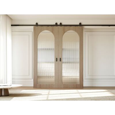Vente-unique Doppel-Schiebetür mit aufgesetztem System aus Holz und MDF – heller Naturholzbogen und gerilltes Sicherheitsglas – 2 x H205 x B93 cm – ODEZA Vente-unique Doppel-Schiebetür mit aufgesetztem System aus Holz und MDF – heller Naturholzbogen und gerilltes Sicherheitsglas – 2 x H205 x B93 cm – ODEZA