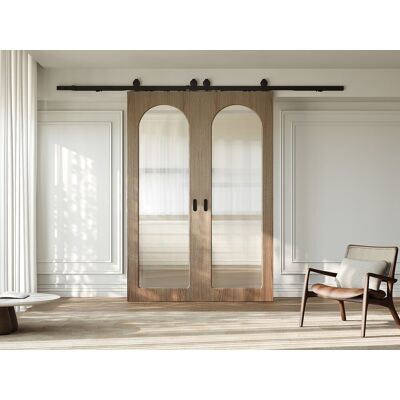 Vente-unique Doppel-Schiebetür mit aufgesetztem System aus Holz und MDF – heller Naturholzbogen und gerilltes Sicherheitsglas – 2 x H205 x B63 cm – ODEZA Vente-unique Doppel-Schiebetür mit aufgesetztem System aus Holz und MDF – heller Naturholzbogen und gerilltes Sicherheitsglas – 2 x H205 x B63 cm – ODEZA