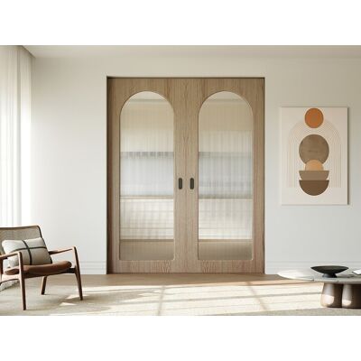 Vente-unique Doppel-Schiebetür mit Wandeinschubsystem aus Holz und MDF – heller Naturholzbogen und gerilltes Sicherheitsglas – 2 x H205 x B93 cm – ODEZA Vente-unique Doppel-Schiebetür mit Wandeinschubsystem aus Holz und MDF – heller Naturholzbogen und gerilltes Sicherheitsglas – 2 x H205 x B93 cm – ODEZA
