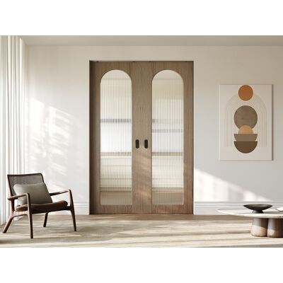 Vente-unique Doppel-Schiebetür mit Wandeinschubsystem aus Holz und MDF – heller Naturholzbogen und gerilltes Sicherheitsglas – 2 x H205 x B63 cm – ODEZA Vente-unique Doppel-Schiebetür mit Wandeinschubsystem aus Holz und MDF – heller Naturholzbogen und gerilltes Sicherheitsglas – 2 x H205 x B63 cm – ODEZA
