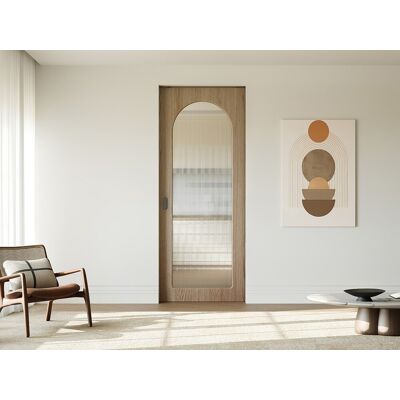 Vente-unique Schiebetür mit Wandeinschubsystem aus Holz und MDF – heller Naturholzbogen und gerilltes Sicherheitsglas – H205 x B93 cm – ODEZA Vente-unique Schiebetür mit Wandeinschubsystem aus Holz und MDF – heller Naturholzbogen und gerilltes Sicherheitsglas – H205 x B93 cm – ODEZA