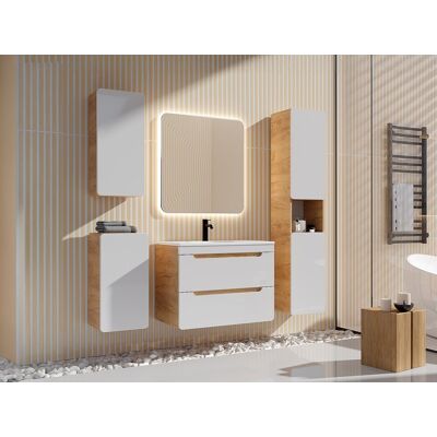 Vente-unique Waschbeckenunterschrank hängend mit Einbauwaschbecken & drei Badhochschränken - Holzfarben & Weiß - 80 cm - ARUBA Vente-unique Waschbeckenunterschrank hängend mit Einbauwaschbecken & drei Badhochschränken - Holzfarben & Weiß - 80 cm - ARUBA
