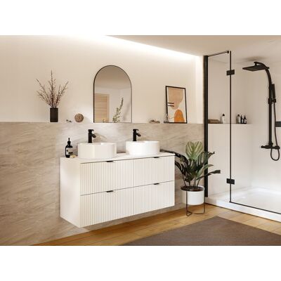 Vente-unique Waschbeckenunterschrank hängend - Streifenoptik - Weiß matt - Aufsatzwaschbecken rund - 120 cm - ZEVINI Vente-unique Waschbeckenunterschrank hängend - Streifenoptik - Weiß matt - Aufsatzwaschbecken rund - 120 cm - ZEVINI