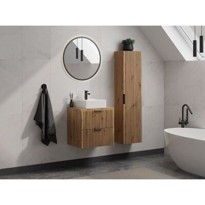 Vente-unique Waschbeckenunterschrank hängend mit Ablagen & Aufsatzwaschbecken quadratisch – Streifenoptik – Hell-Natur – L60 cm – ZEVARA Vente-unique Waschbeckenunterschrank hängend mit Ablagen & Aufsatzwaschbecken quadratisch – Streifenoptik – Hell-Natur – L60 cm – ZEVARA