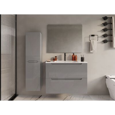 Vente-unique Waschbeckenunterschrank hängend mit Einzelwaschbecken & Badhochschrank - 80 cm - Grau - STEFANIE Vente-unique Waschbeckenunterschrank hängend mit Einzelwaschbecken & Badhochschrank - 80 cm - Grau - STEFANIE