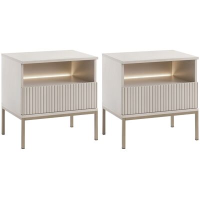 Vente-unique 2er-Set Nachttische mit 1 Schublade & 1 Ablagefach - Mit LED-Beleuchtung - MDF & Rauchglas - Beige - OVILA Vente-unique 2er-Set Nachttische mit 1 Schublade & 1 Ablagefach - Mit LED-Beleuchtung - MDF & Rauchglas - Beige - OVILA