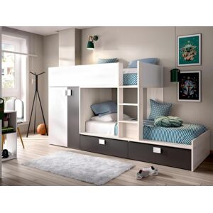 Vente-unique.ch Etagenbett mit Kleiderschrank - 2x 90 x 190 cm - Weiß, Naturfarben & Anthrazit - JUANITO