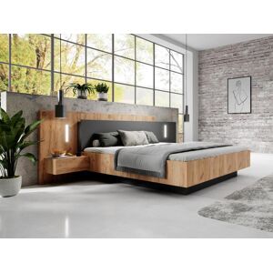 Vente-unique.ch Bett mit integrierten Nachttischen - 160 x 200 cm - 2 Schubladen + LEDs - Naturfarben & Anthrazit - FRANCOLI