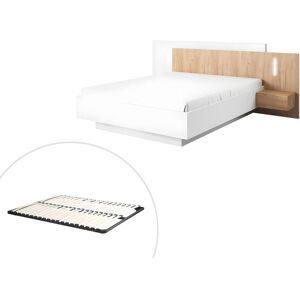 Vente-unique.ch Bett mit integrierten Nachttischen - 160 x 200 cm - 2 Schubladen + LEDs + Lattenrost - Weiß & Naturfarben - FRANCOLI