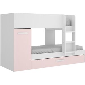 Vente-unique Etagenbett Ausziehbett mit Stauraum - 3x 90 x 190 cm - Weiß, Naturfarben & Rosa - ANTHONY Vente-unique Etagenbett Ausziehbett mit Stauraum - 3x 90 x 190 cm - Weiß, Naturfarben & Rosa - ANTHONY
