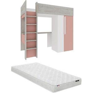 Vente-unique Hochbett mit Schreibtisch & Kleiderschrank + Matratze - 90 x 200 cm - Rosa & Weiß - NICOLAS Vente-unique Hochbett mit Schreibtisch & Kleiderschrank + Matratze - 90 x 200 cm - Rosa & Weiß - NICOLAS