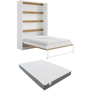 Vente-unique Schrankbett + Matratze - 140 x 200 cm - Manuelle vertikale Öffnung - Mit LED-Beleuchtung - Weiß & Holzfarben - RAPILI Vente-unique Schrankbett + Matratze - 140 x 200 cm - Manuelle vertikale Öffnung - Mit LED-Beleuchtung - Weiß & Holzfarben - RAPILI